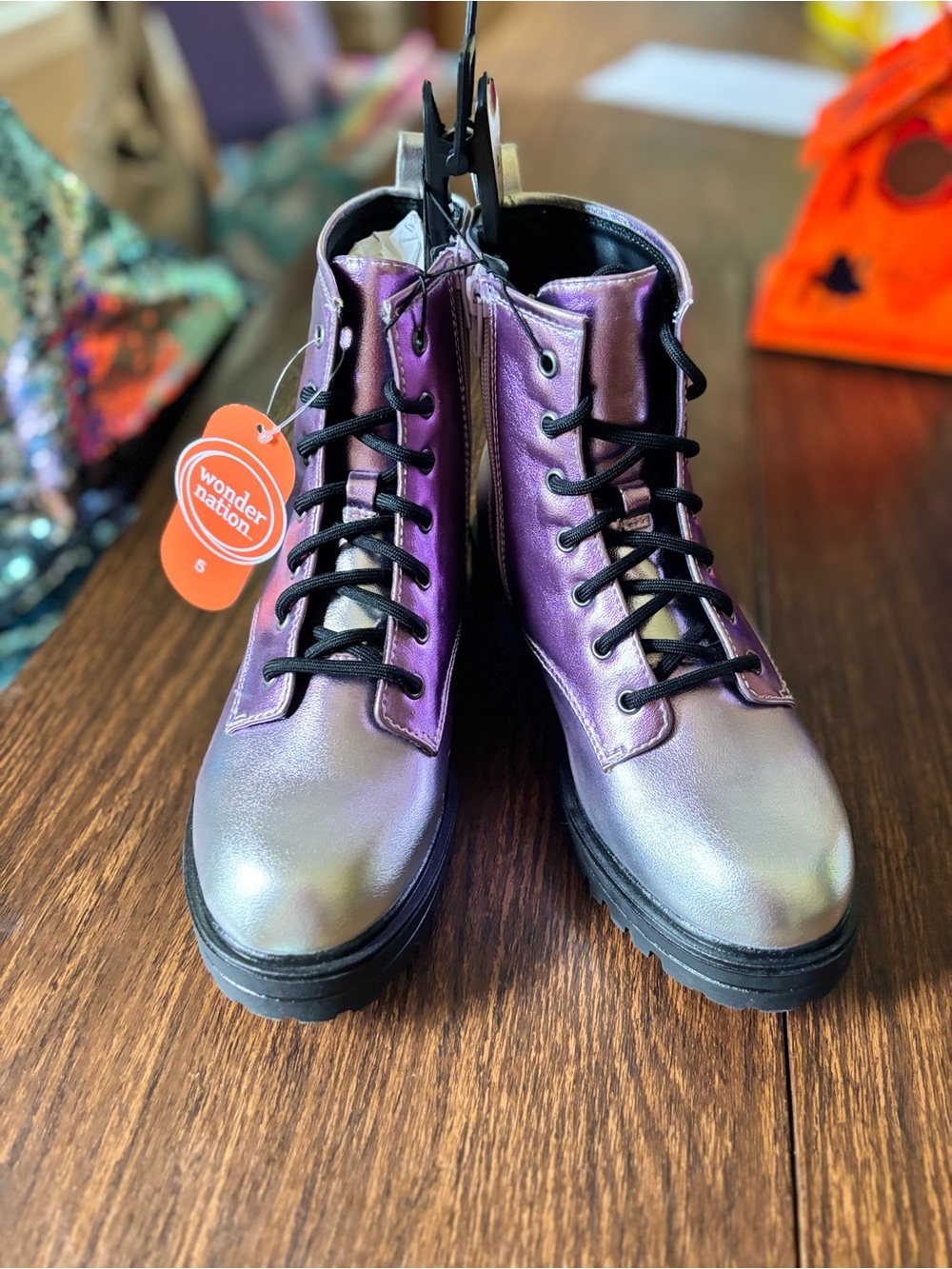 wonder nation Iridescent Purple Lace-Up Combat Boots with Black Soles